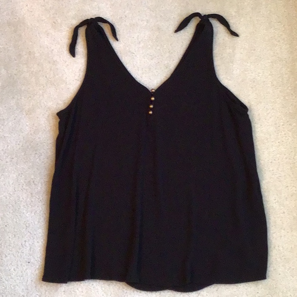 Stylish Black Tank with Tie Shoulder/Gold Button Detail, Large Junior